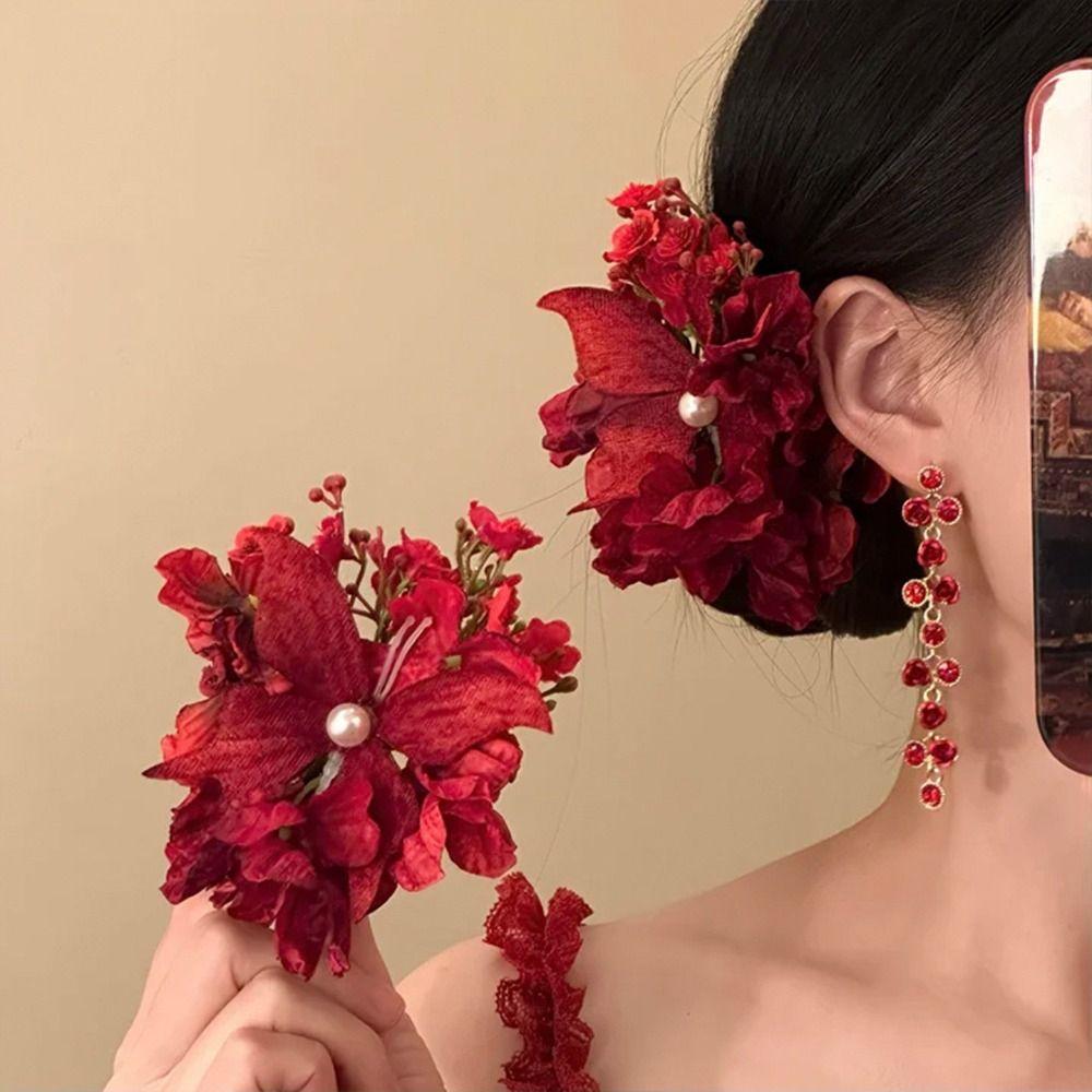 Red Chinese Style Hair Clip Butterfly Flower Hairpin Elegant Hanfu Hair Accessories  Wedding Party