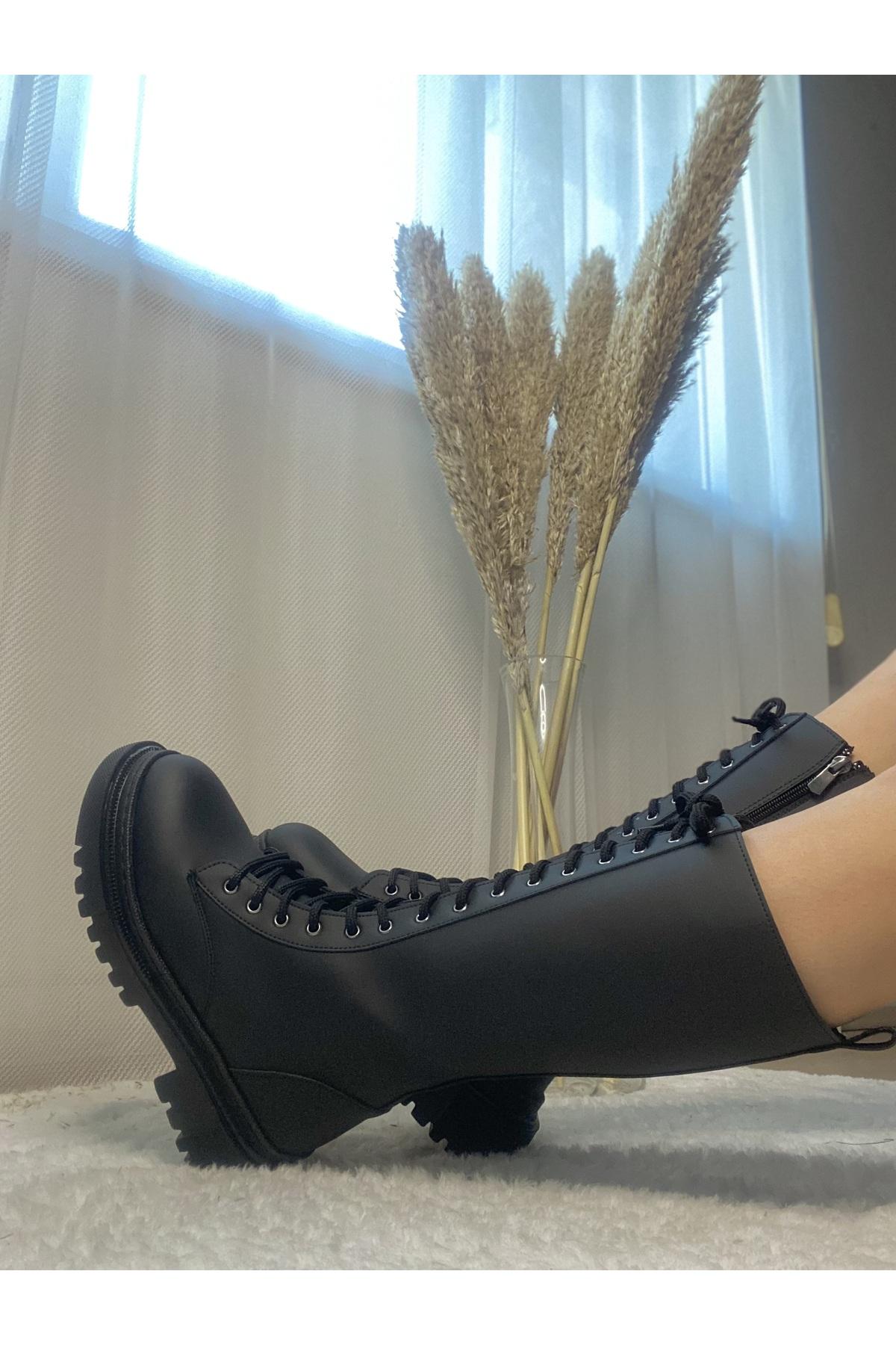 

Women s Fashion Carefree Matte Black Lace Up Zippered Boots