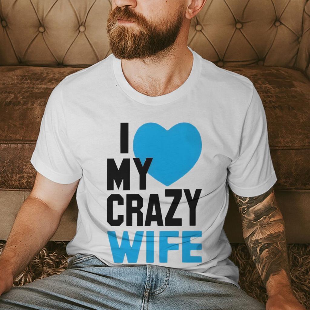 Fun Heart Print I Love My Crazy WifeHusband Pattern Couple T Shirt Casual Lovers Matching Tops Women Men Valentine Tshirts Gift