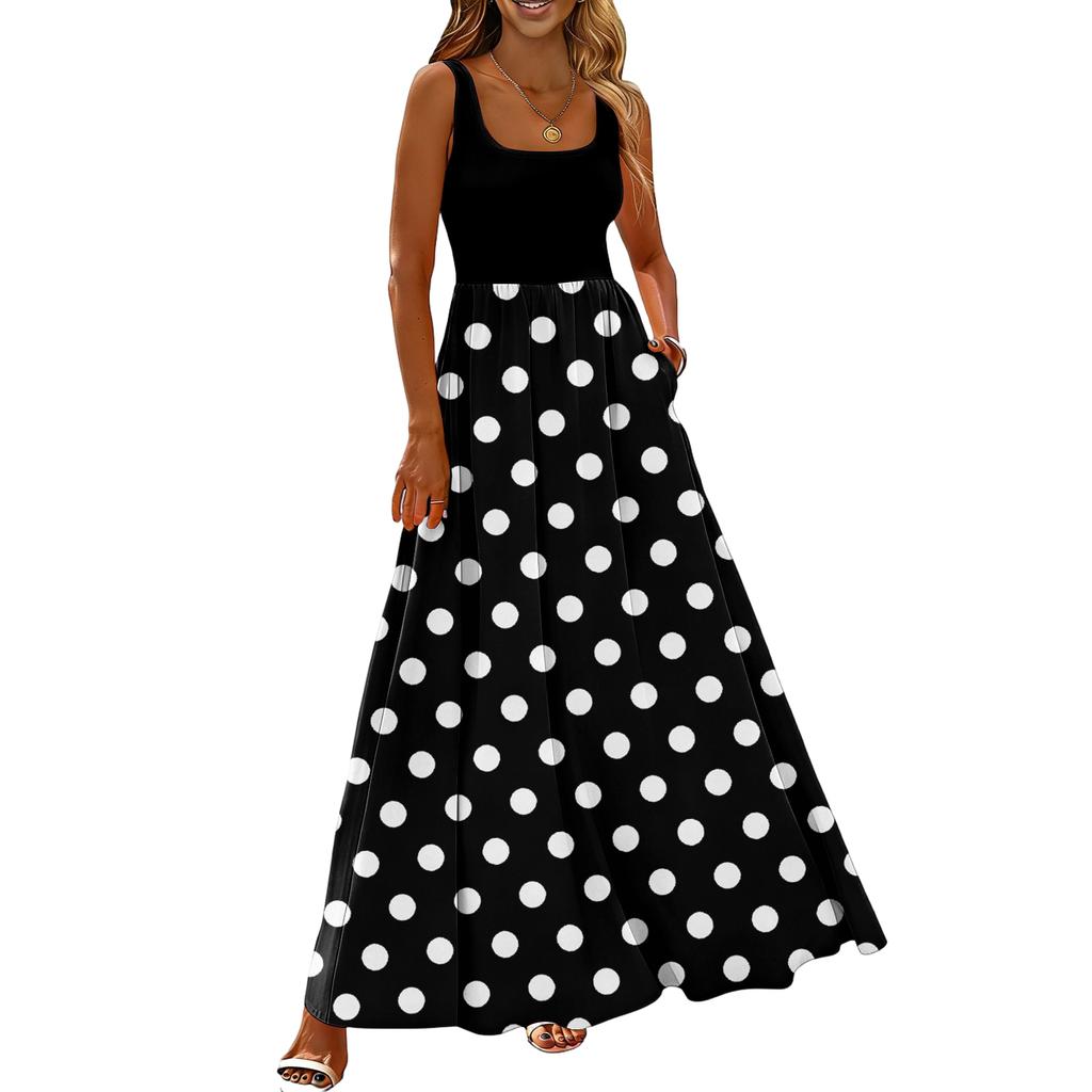 Damen Sommerkleid mit Polka-Dot-Print, lässig und modisch, ärmellos, lang