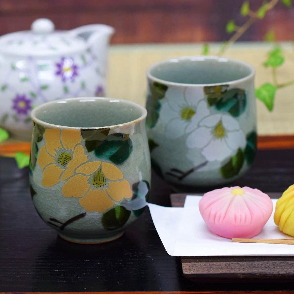 Waza no Kura Stylish Pair of Kutani Ware Teacups with Gold and Silver Camellia Made in A perfect gift for wedding and 88th Designs. Japan.