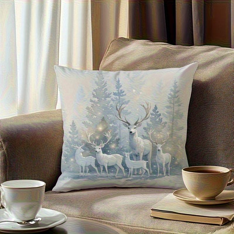 Winter-Patterned Deer-Print Pillowcase, Made Of Polyester, Machine Washable, Suitable For Bedroom And Living Room Decoration.