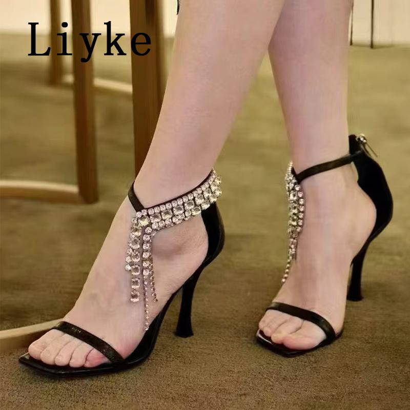 Fashion Liyke 2025 New Fashion Crystal Tassels Woman Sandals Sexy Ankle Zip Cover Strap Rhinestone High Heels Wedding Party Shoes Women