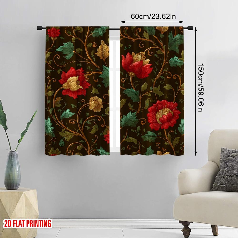2pcs 2D flat printing Party Curtain Vintage Floral Red Flowers (2) Digital Printed Polyester Drapes Family Party Perfect for