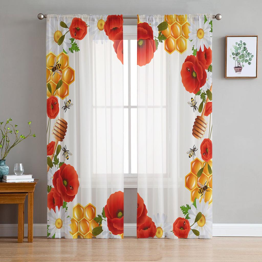 Hive Daisy Poppy Flower Sheer Window Curtains For Living Room Kitchen Children Bedroom Voile Hanging Curtain