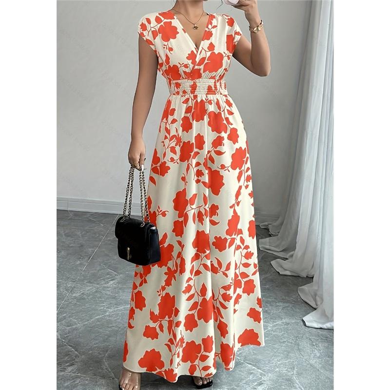 Women's Casual Floral Short-Sleeve Tie-Front V-Neck Fitted Dress for Summer