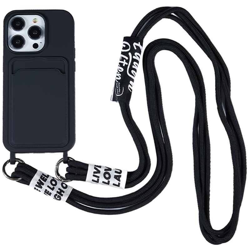 For iPhone 15 Pro Max Liquid Silicone Case Card Slot Shockproof Protective Phone Cover with Strap