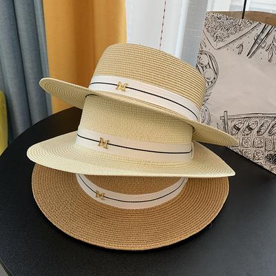 M Straw Hat Women's Simple Flat-top Letter Elegant White Top Hat British Sun Protection Beach Vacation Sun Hat