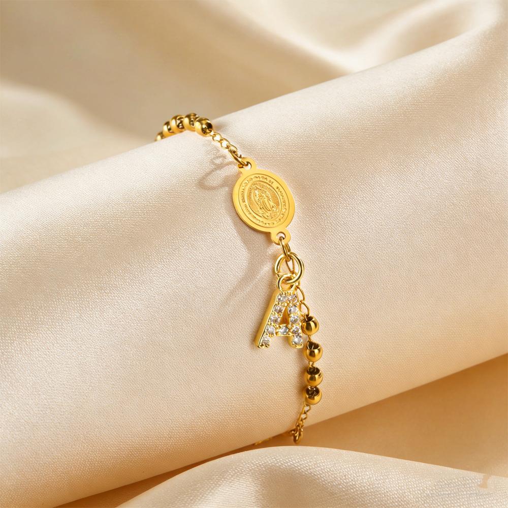 Stainless Steel Rosary Virgin Mary Beaded Bracelets with A-Z Initial Letter Pendant, Gold Plated Religion Jewelry for Women