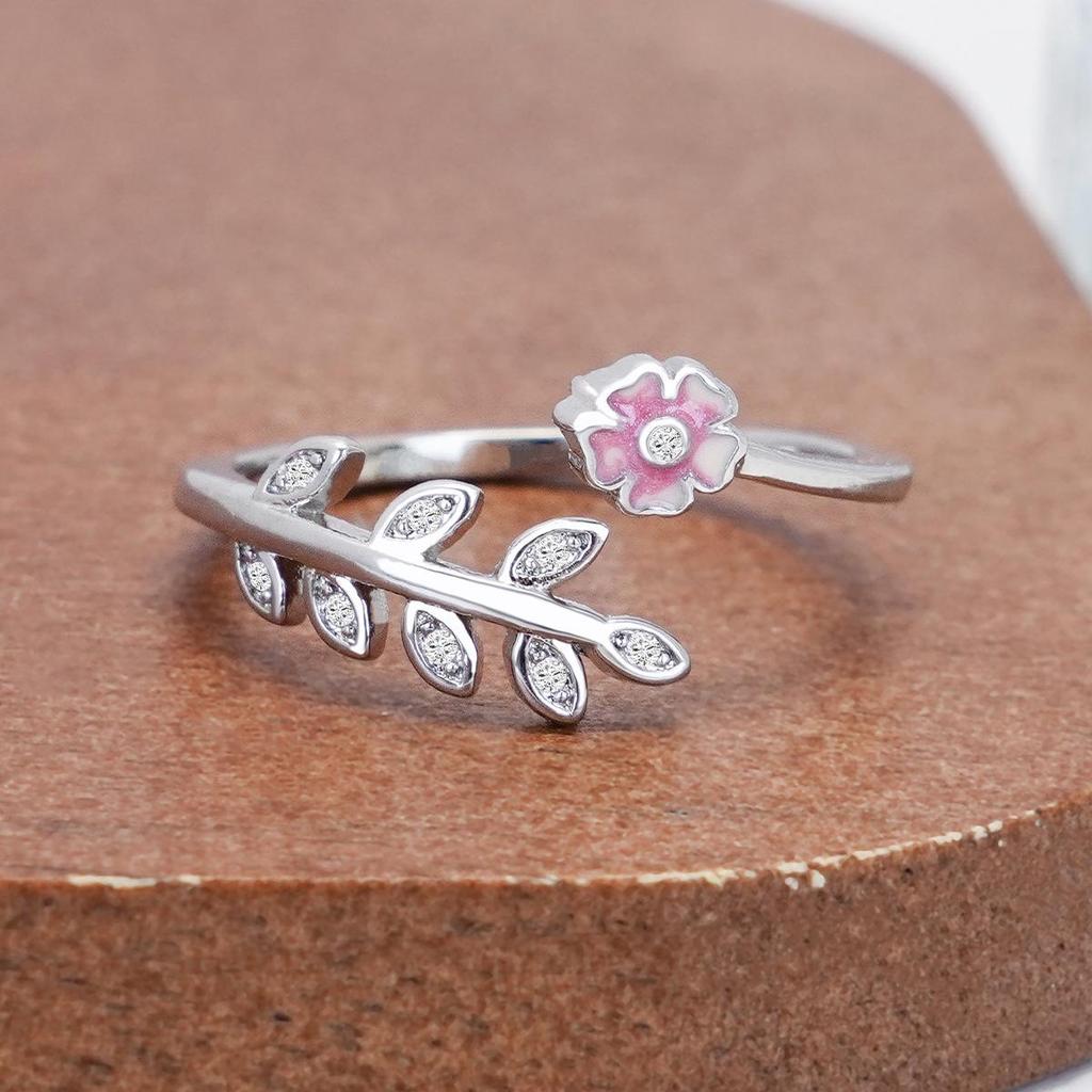Plum Blossom Zircon Leaf Ring for Women - Adjustable Fashion Jewelry