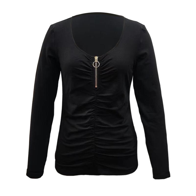 

Women s Long-sleeved Solid Color Round Neck Pullover T-shirt with Zipper Half Placket Pleated Casual Top S чёрный