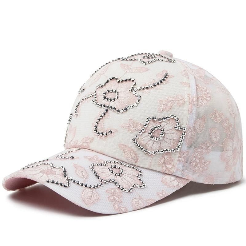 Damen Baseballkappe Blumenmuster Strass Spitze Atmungsaktiv Sonnenschutz Gebogener Schirm Modekappe Street Dance Party Lässig Neu