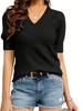 Womens Puff Sleeve Knit Top Short Sleeve Crew Neck Lightweight Sweater