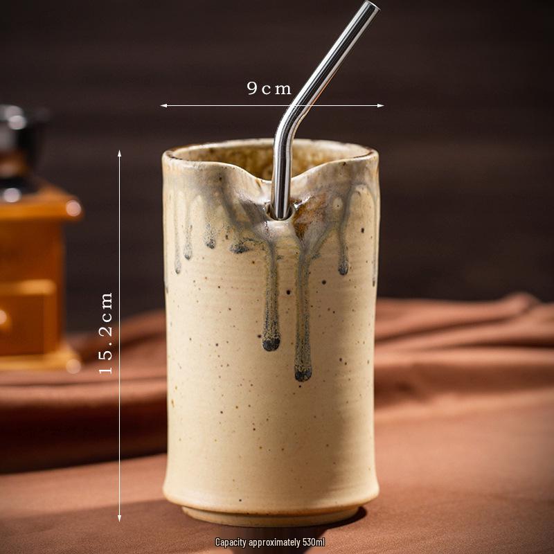 Nordic Creative Retro Ceramic Coffee Cup - Irregular Straight Cylinder Design, Coarse Pottery Finish, Straw Mug Style.