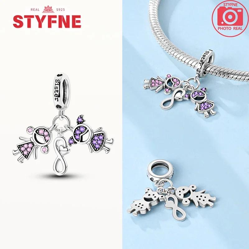 925 Silver Sisters On Swing Heart Charm Beads DIY Bracelet Fine Jewelry Gift for Women Sister Forever