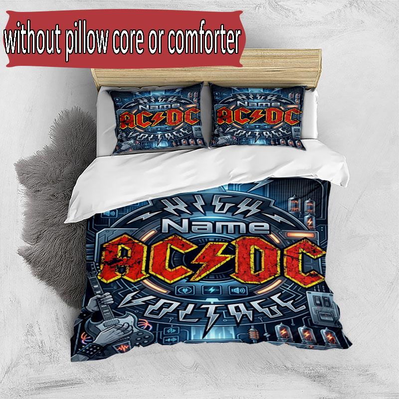 3pcs Duvet Cover Set (1*Duvet Cover + 2*Pillowcase, Without Core), Custom Name ACDC BAND Pattern Bedding Set, Home Bedroom Decor Gift