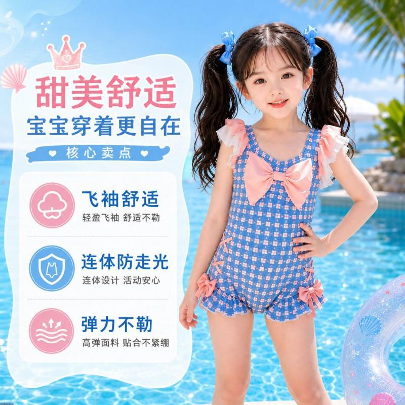 Girls One-Piece Swimsuit With Ruffled Sleeve Bow Tie Side Ties Blue Pink Plaid Ages 2-12