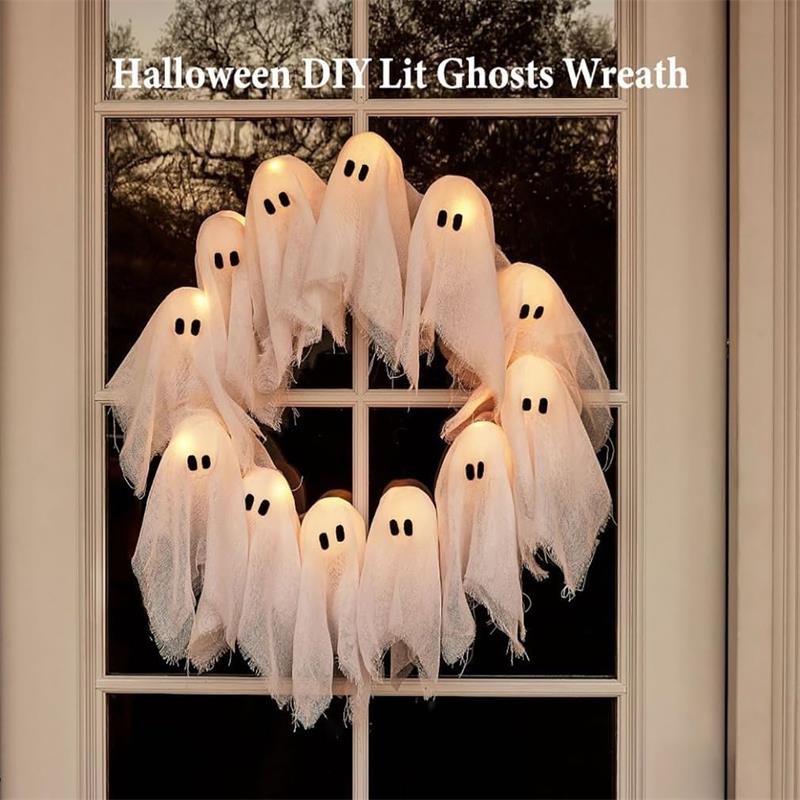Halloween Lit Ghosts Wreath LED Light-Up White Ghost Garland,Spooky Deco 15.75in