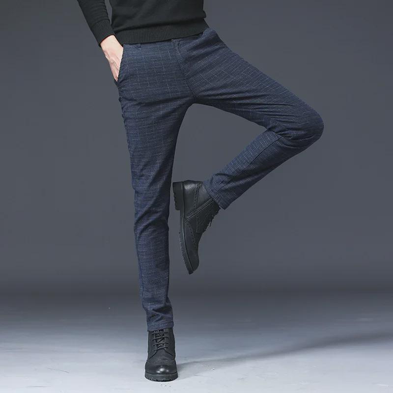 Men's Slim-Fit Black Plaid Cotton-Linen Autumn Casual Waffle Trousers