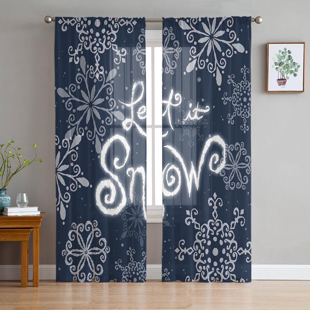 Christmas Blue Snowflake Texture Living Room Transparent Tulle Window Curtain Bedroom Kitchen Decor Veil Drapes Curtains