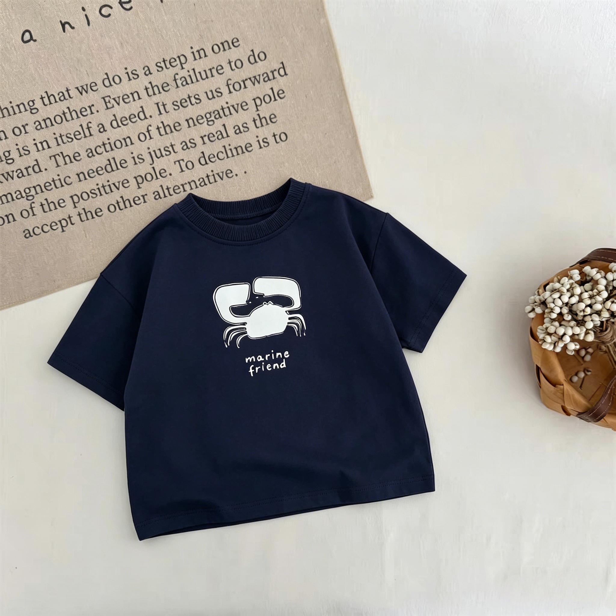 

Kids Retro Marine Animal Print Short Sleeve T Shirt Summer Casual Cotton Tee For Boys And Girls Trendy Lobster Crab Graphic Tops 110