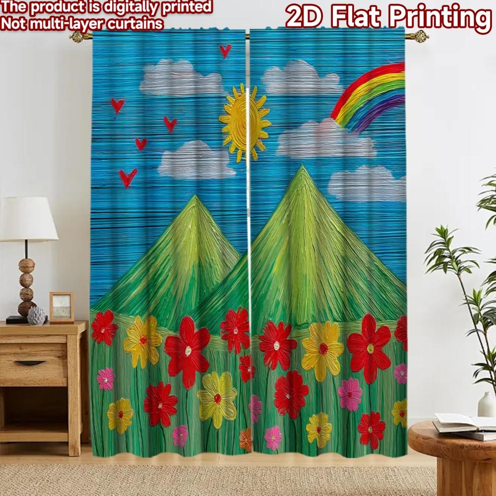 2D flat printing 2pcs Curtain Window Treatment Curtains Spring Rainbow Meadow Digital Printed Polyester Drapes Family Party for