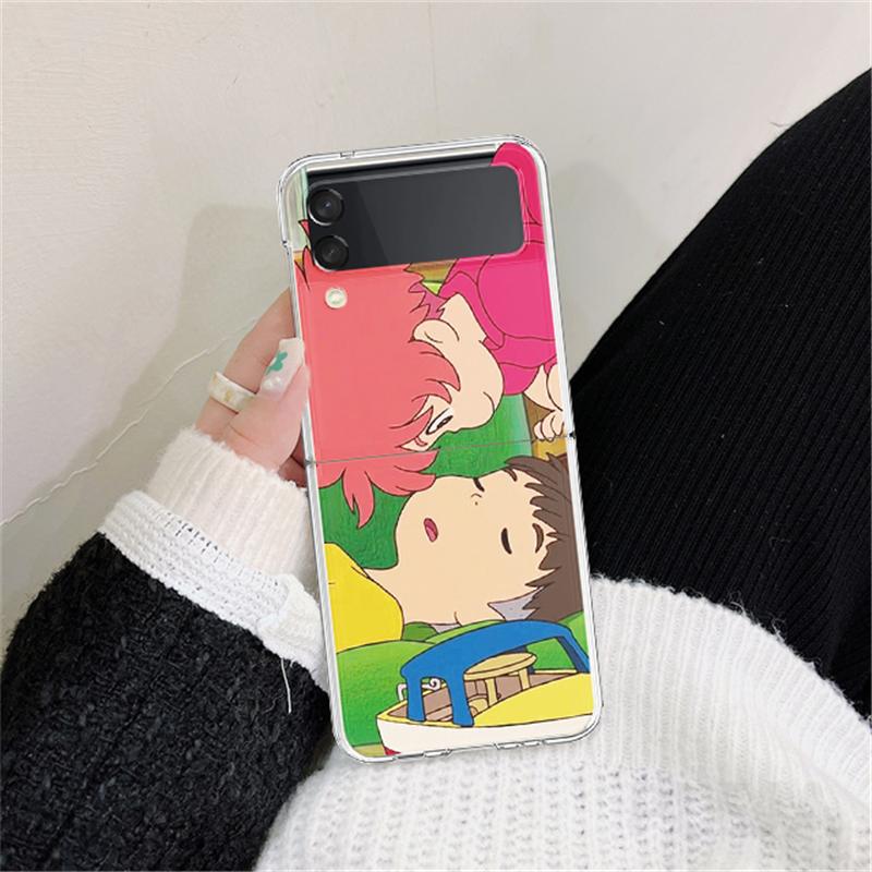 Tvrdý Průhledný Kryt pro Samsung Galaxy Z Flip3 5G Pouzdra Zadní Kryt Z Flip 3 Průhledný Kryt Japonsko Roztomilý Kreslený Anime Ponyo Nárazník