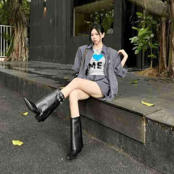 Boots Women's 2025 Spring and Autumn New Square Head High Heel Fashion Boots Pants Boots Fried Street Western Cowboy Knight Boots