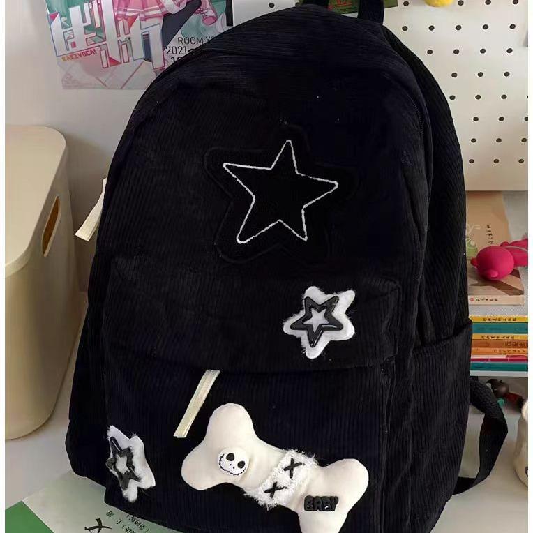 Teen Student Large Capacity School Bookbag Y2K Girls Star Pattern Laptop Backpack Corduroy Rucksack Double Strap Shoulder Bag
