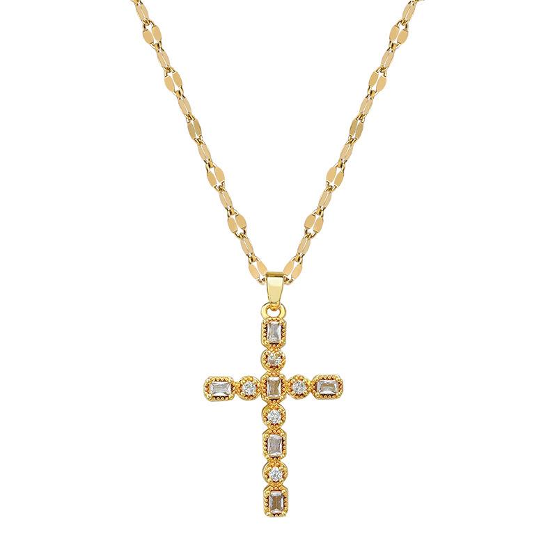 Full Diamond Cross Light Luxury Temperament Zircon Clavicle Chain Small Retro Titanium Steel Necklace