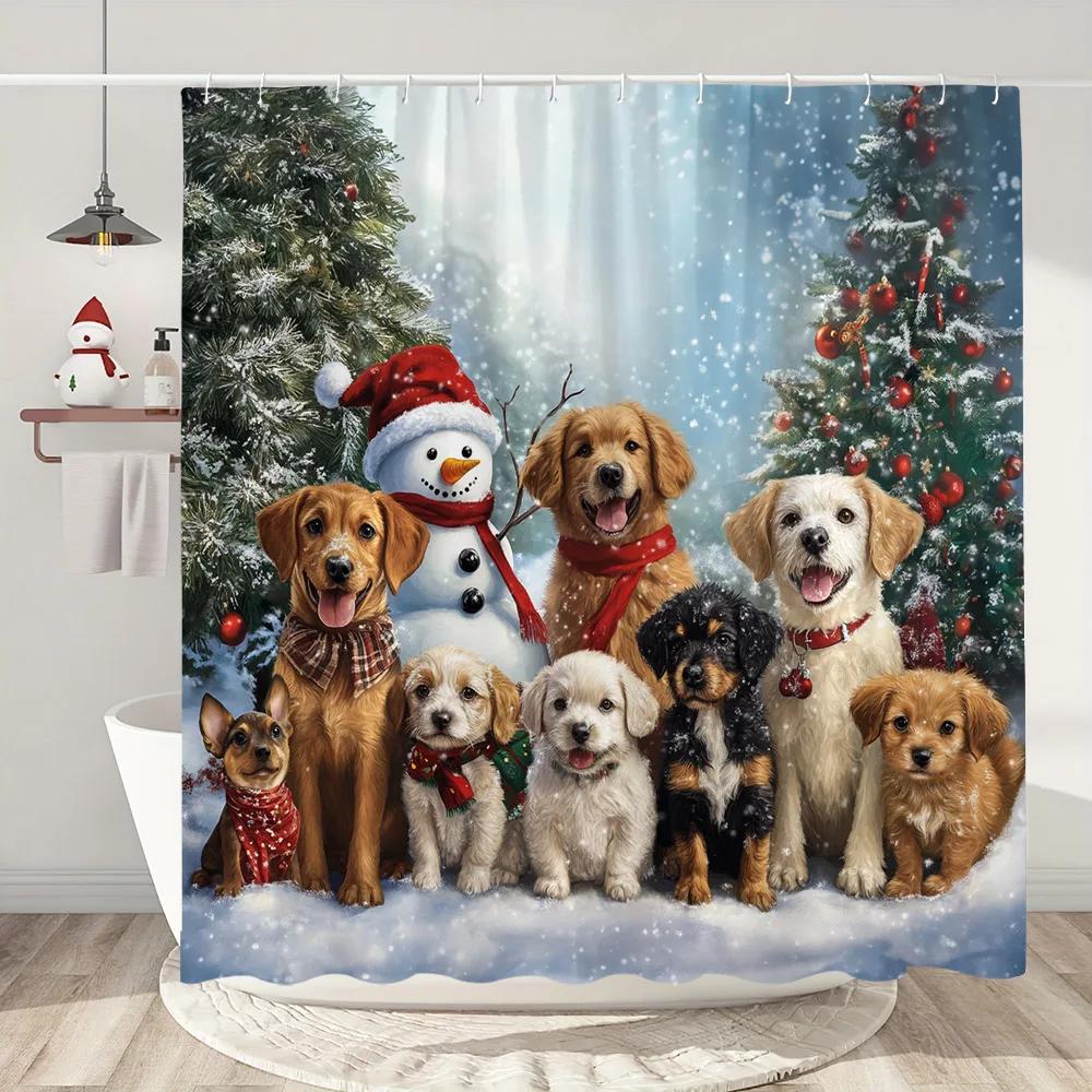 Funny Christmas Shower Curtain Santa Claus Snowman Deer Snow Scene Christmas Gifts Shower Curtain Bathroom Decoration With Hooks