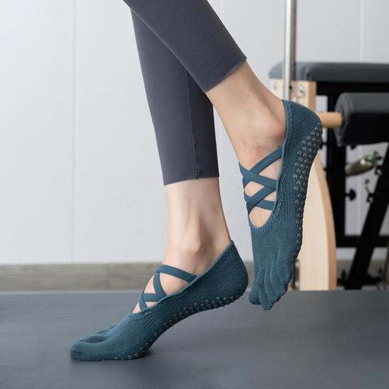 1 pár dámských bavlněných ponožek na pilates a jógu s protiskluzovými tečkami, absorbujících pot, do posilovny, nízkého střihu, s křížením přes nárt, prstové ponožky