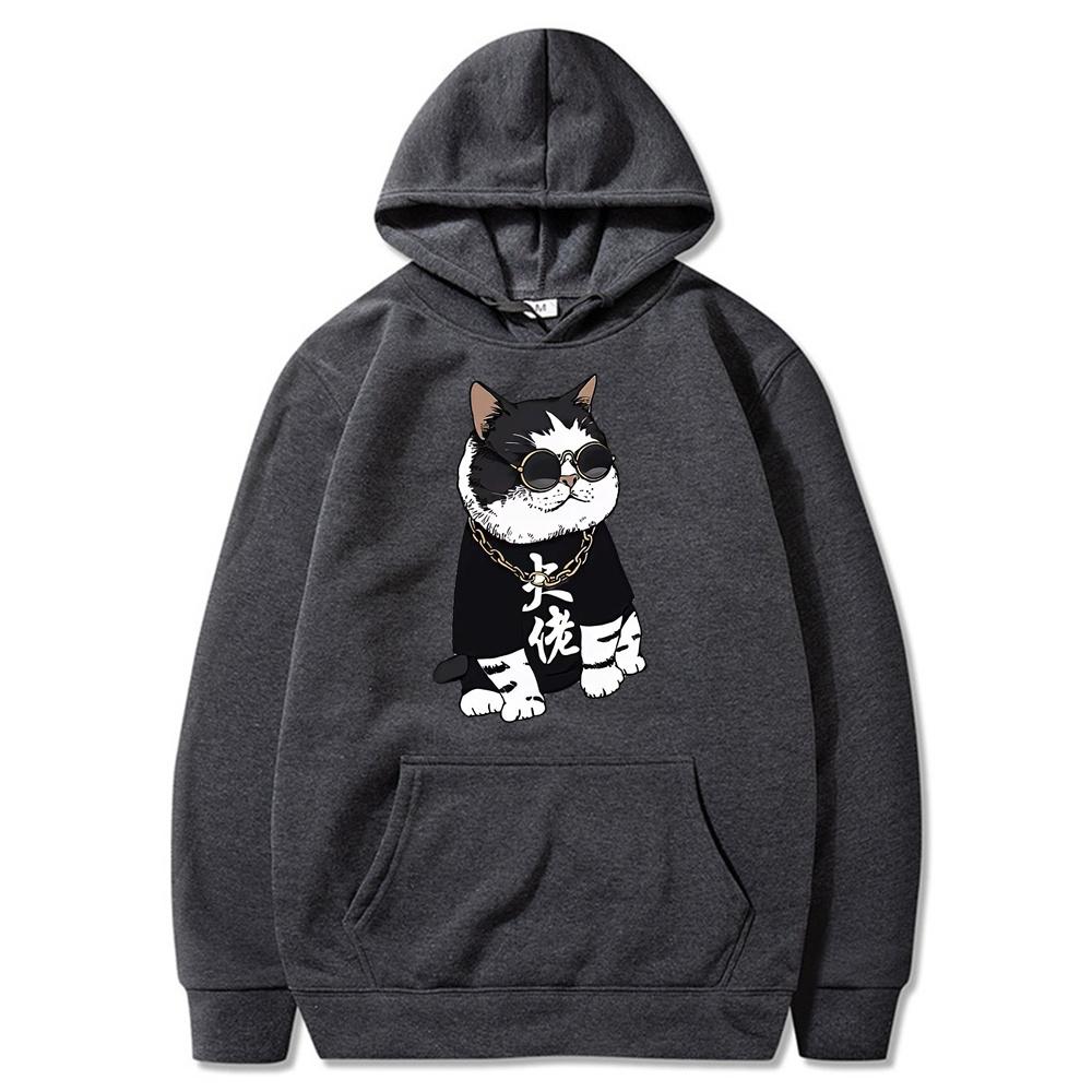 Cool and Cute Big Boss Cat Fun Print Autumn/Winter Women's Fashion Instagram Heavyweight Sweater Hooded Loose Long sleeved Coat