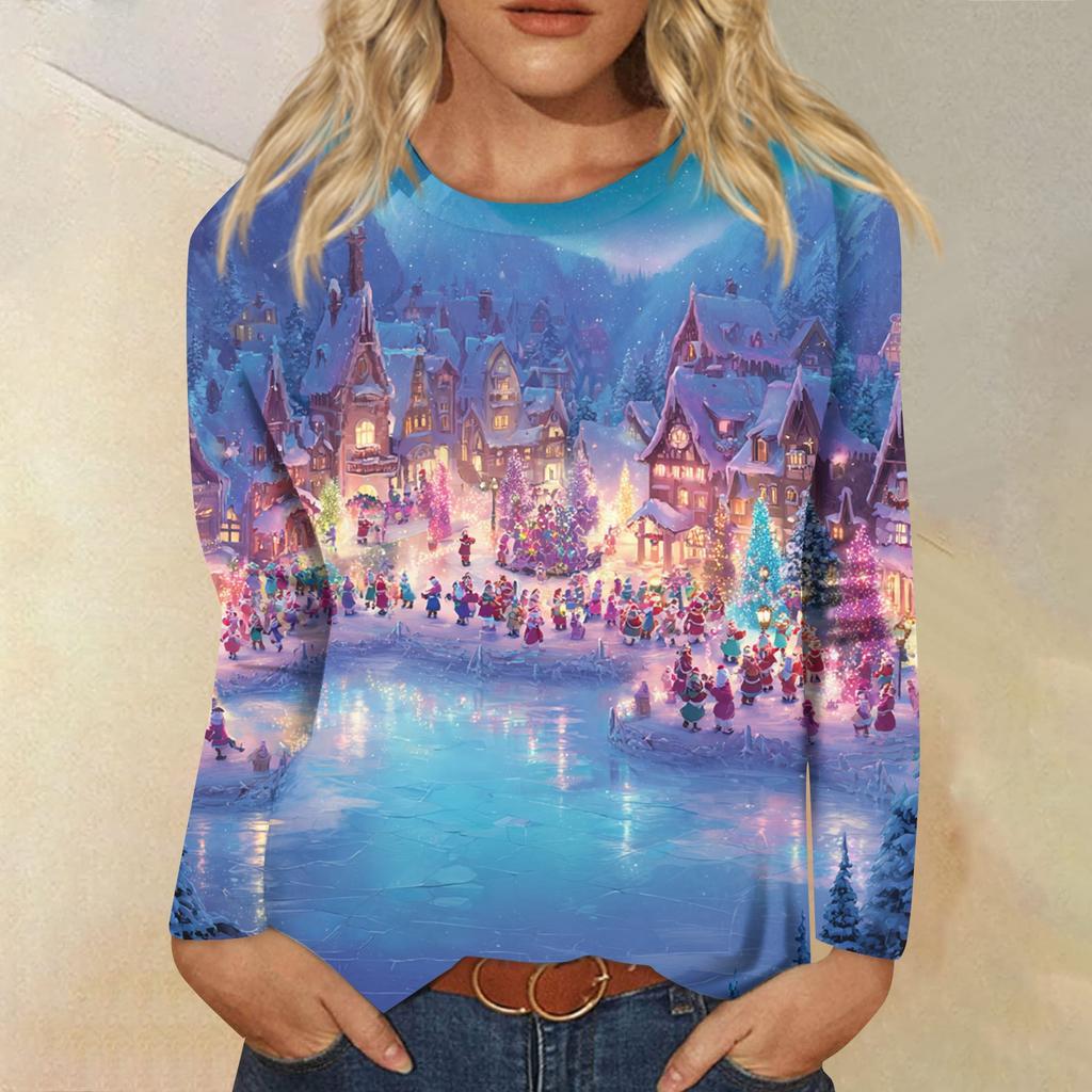 Women's Fashion Casual Long Sleeve  Print Round Neck Top