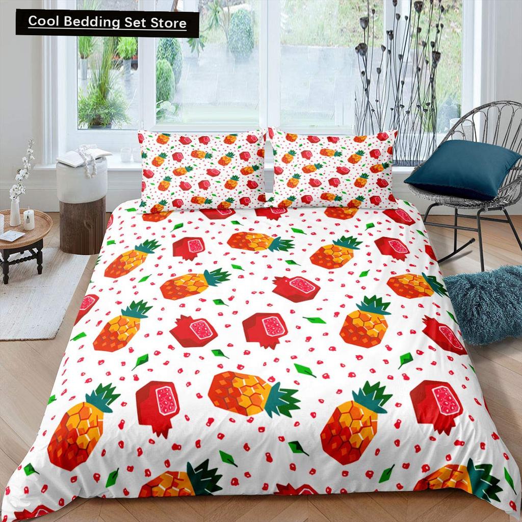 Red Pomegranate King Queen Duvet Cover Summer Tropical Fruit Bedding Set for Adults Green Leaves 2/3pcs Polyester Quilt Cover