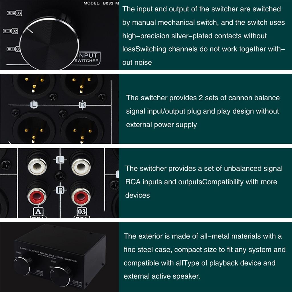 3 Entrées vers 3 Sorties Signal XLR Entièrement Symétrique Sélecteur Stéréo Passif Commutateur   XLR Symétrique vers RCA Asymétrique