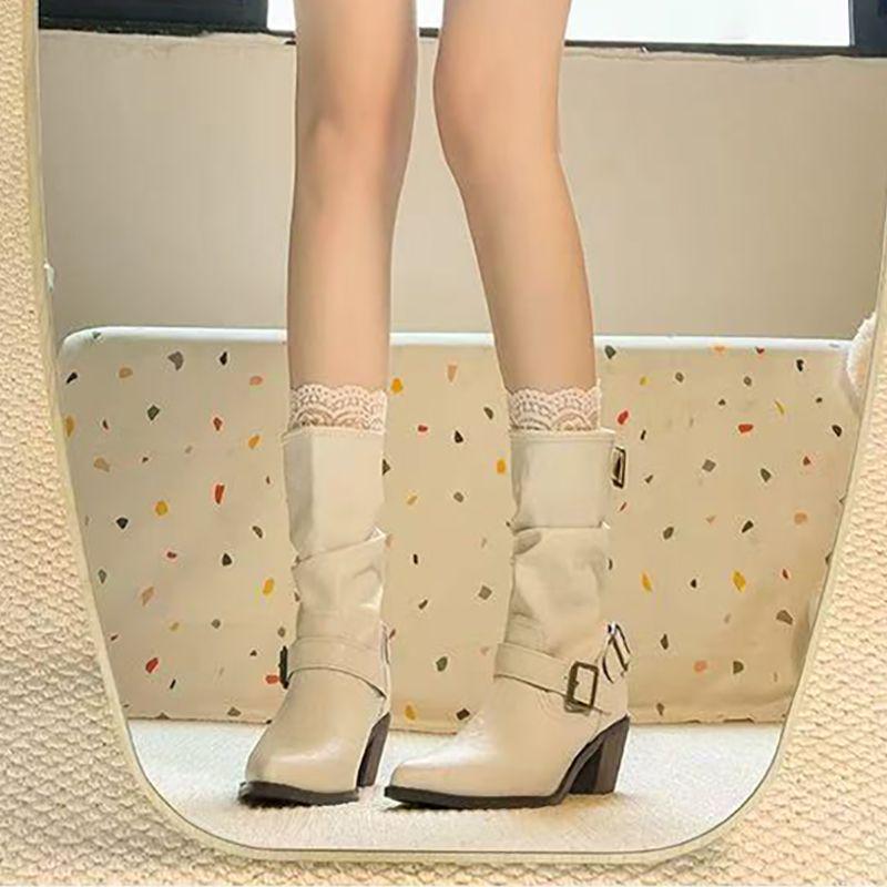 Women's Retro White Chunky Heel Martin Boots with Pointed Toe - Autumn/Winter 2025 Fashion Collection.