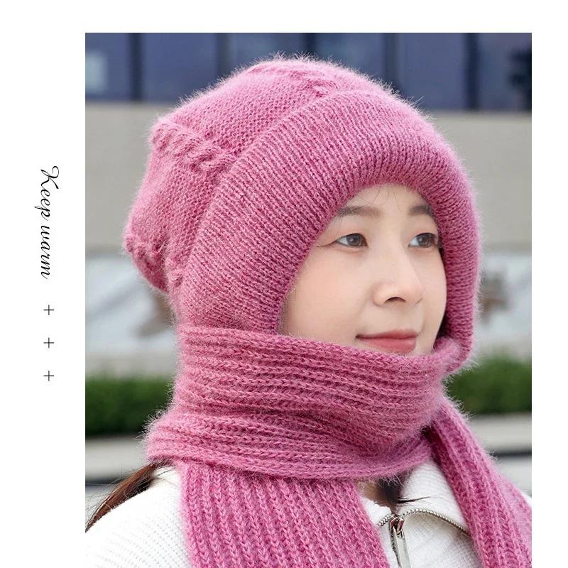 Fashion Lady Winter Knitted Warm Thickened Ear Protection Windproof Scarf Hat Ear Protection Hat Knitted Hats