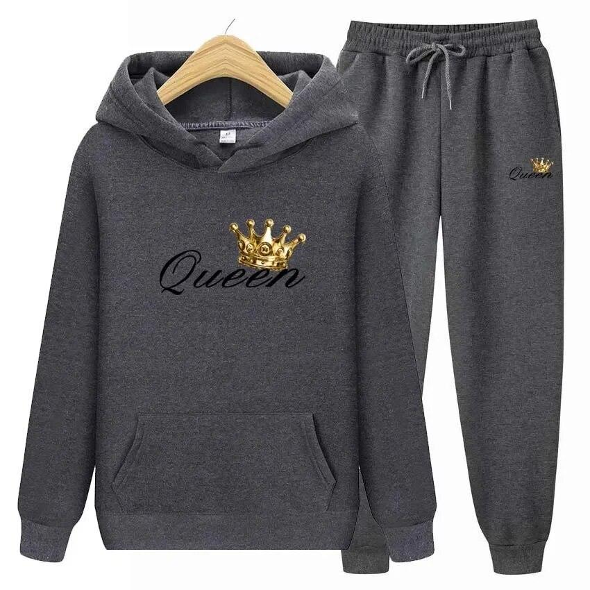 Queen Printing Autumn Winter Hoodies+Pants Two Piece Set  Womens Hoodies Tracksuits Jogger Pants thick Warm Clothes