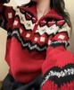 Retro Fair Isle Wool Cashmere Half-Zip Sweater - High Neck, Thickened Knit, Red Women's Christmas Top