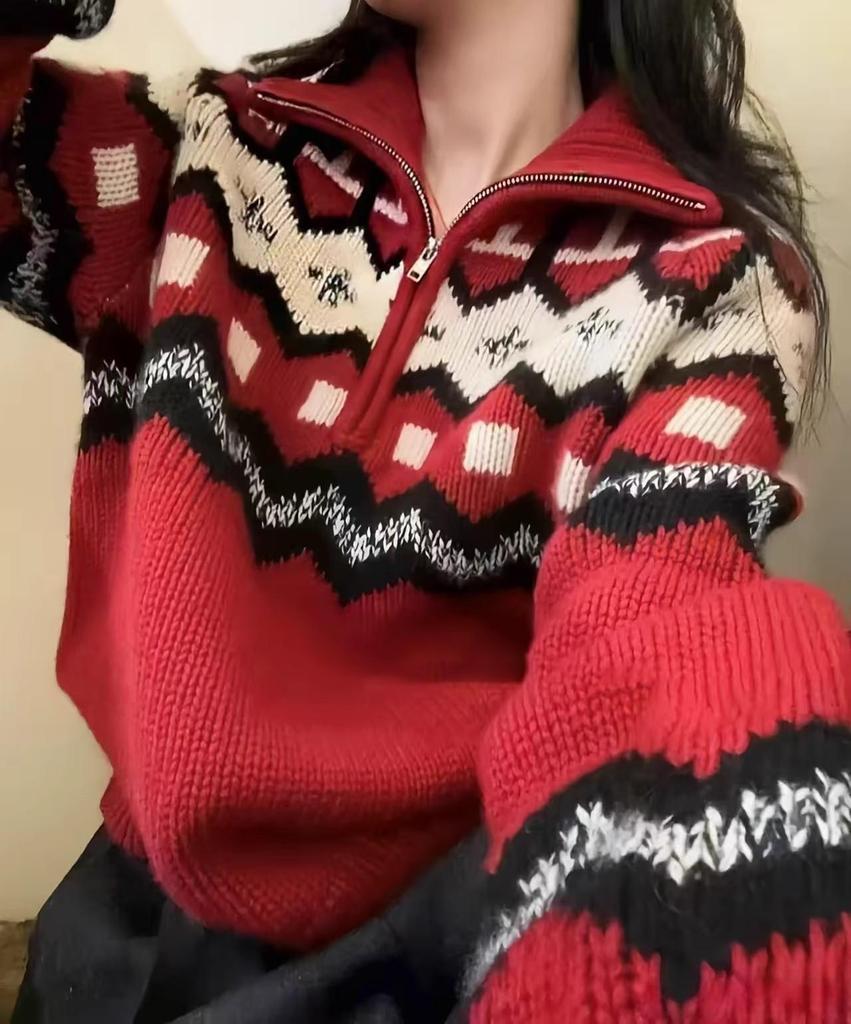 Retro Fair Isle Wool Cashmere Half-Zip Sweater - High Neck, Thickened Knit, Red Women's Christmas Top