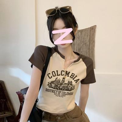 V-neck Short-sleeved T-shirt for Women's Summer New American Retro Design Bottoming Shirt for Women Short Student Tops for Women