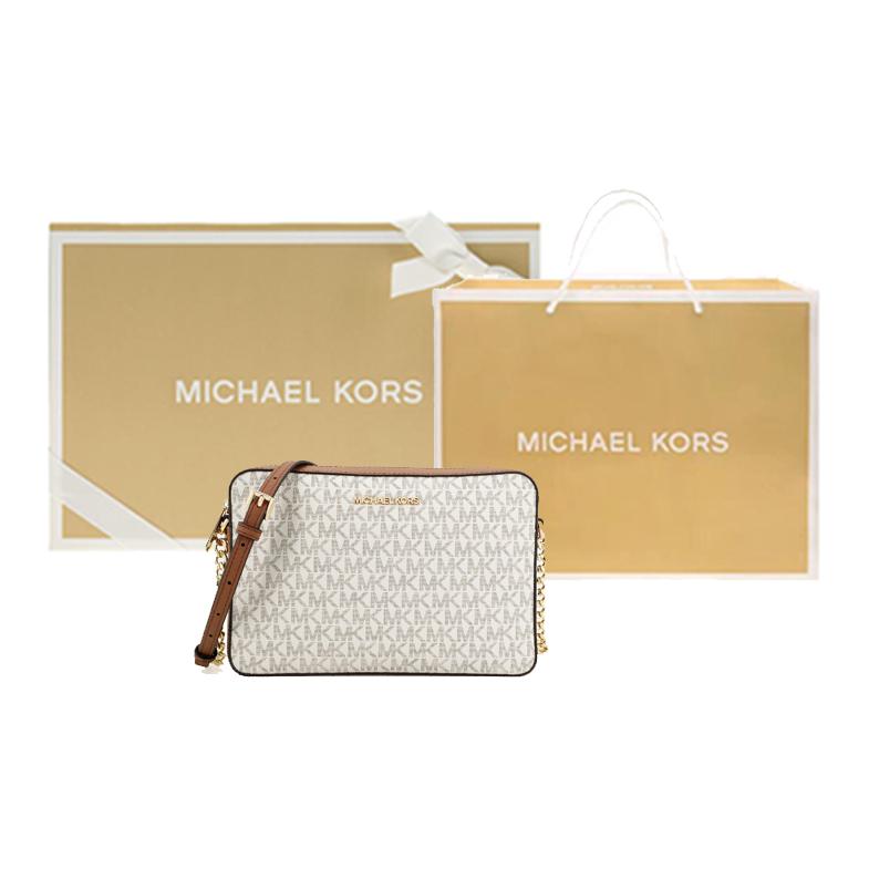 Michael Kors Mk Jet Set Long Vintage Monogram Logo Chain Leather Camera Bag Women Shoulder Bag Vanilla Brown 35F8GTTC3B-VANILLA-ACRN