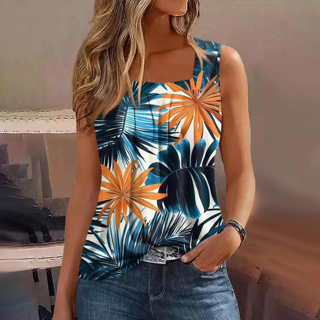 Damen Sommer Casual Plissee Quadratischer Ausschnitt Ärmelloses Tank Top Bedrucktes T-Shirt