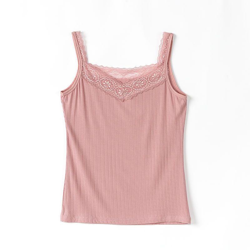 

Жилет из кружева с рубчатым модалом, женская базовая майка, облегающая и сексуальная, можно носить на улице One Size розовый