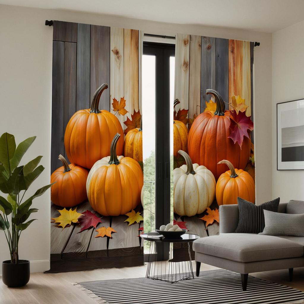 2 Pieces of HD Wood On the Pumpkin Maple Leaf Curtain Yellow Tie Digital Printed Curtain Home Decoration Style Decoration Living