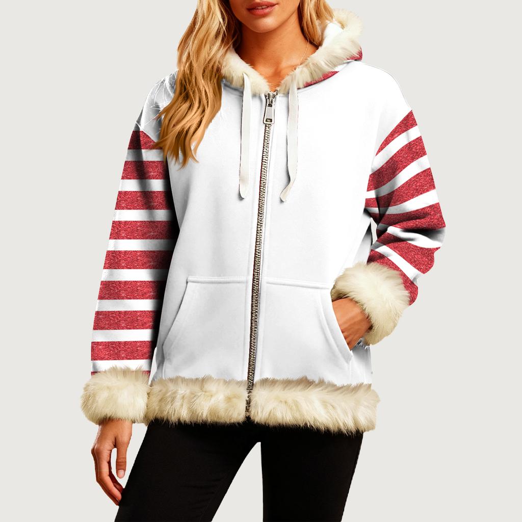 Women's Comfortable Loose Fashion Casual Striped Print Long Sleeve Pockets Hooded Sweatshirt Jacket