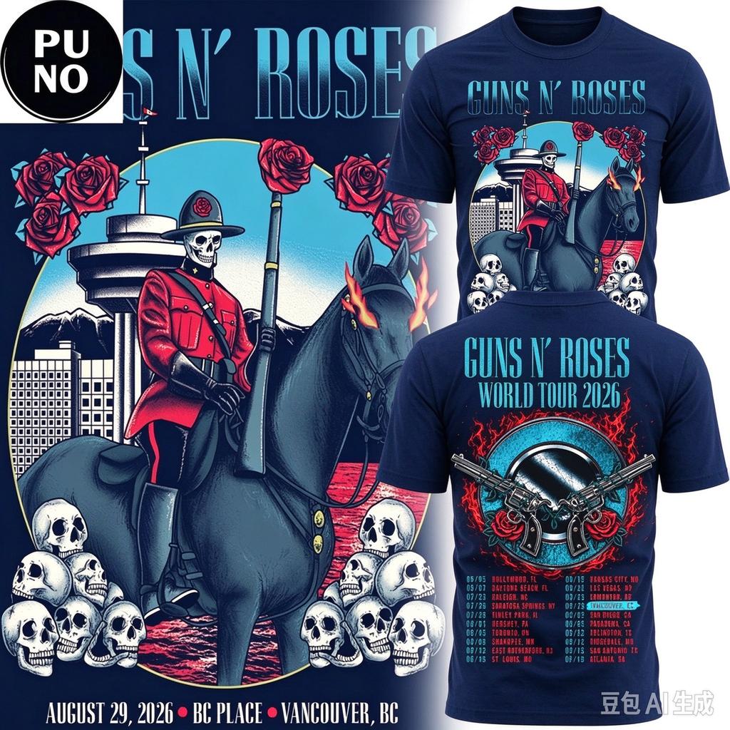 Guns N Roses 2026 Vancouver Bc Place World Tour Double Sided Retro Rock Band Pattern Tour Date Printed Short Sleeved TShirt