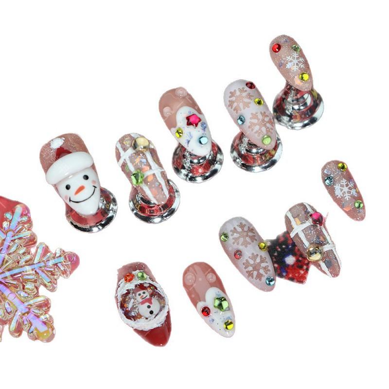 Handmade 3D Christmas Press-On Nails With Santa Snowman Star Acrylic Nail Tips Women Almond Shape