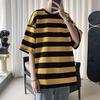 Men Summer T-shirt Striped Color Matching Half Sleeves Round Neck Loose Japanese Style Casual Daily Wear Teenager Streetwear Spring Top
